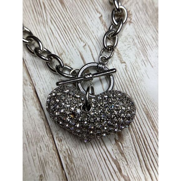Puffy Crystal Pave Heart Charm Chain Anklet Bracelet Silver Tone Toggle Closur - Picture 1 of 9